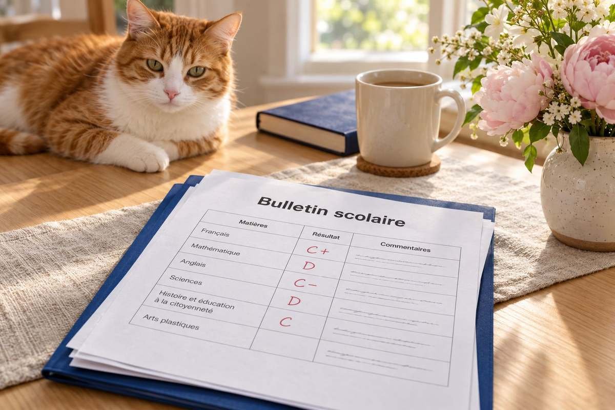 Un bulletin scolaire posé sur une table, près d'un chat et d'une tasse de café